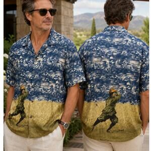 Guy Buffet Golf Shirt Mens XL 100% Silk Golfer Art Print Camp Resort Hawaiian